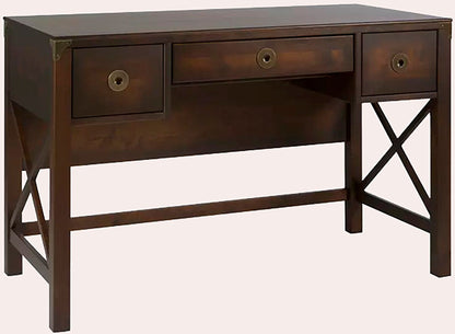 Laura Ashley Balmoral 3 Drawer Desk in Chestnut coloured birch wood with 2 side drawers and a pull out keyboard tray in the middle with brass hardware