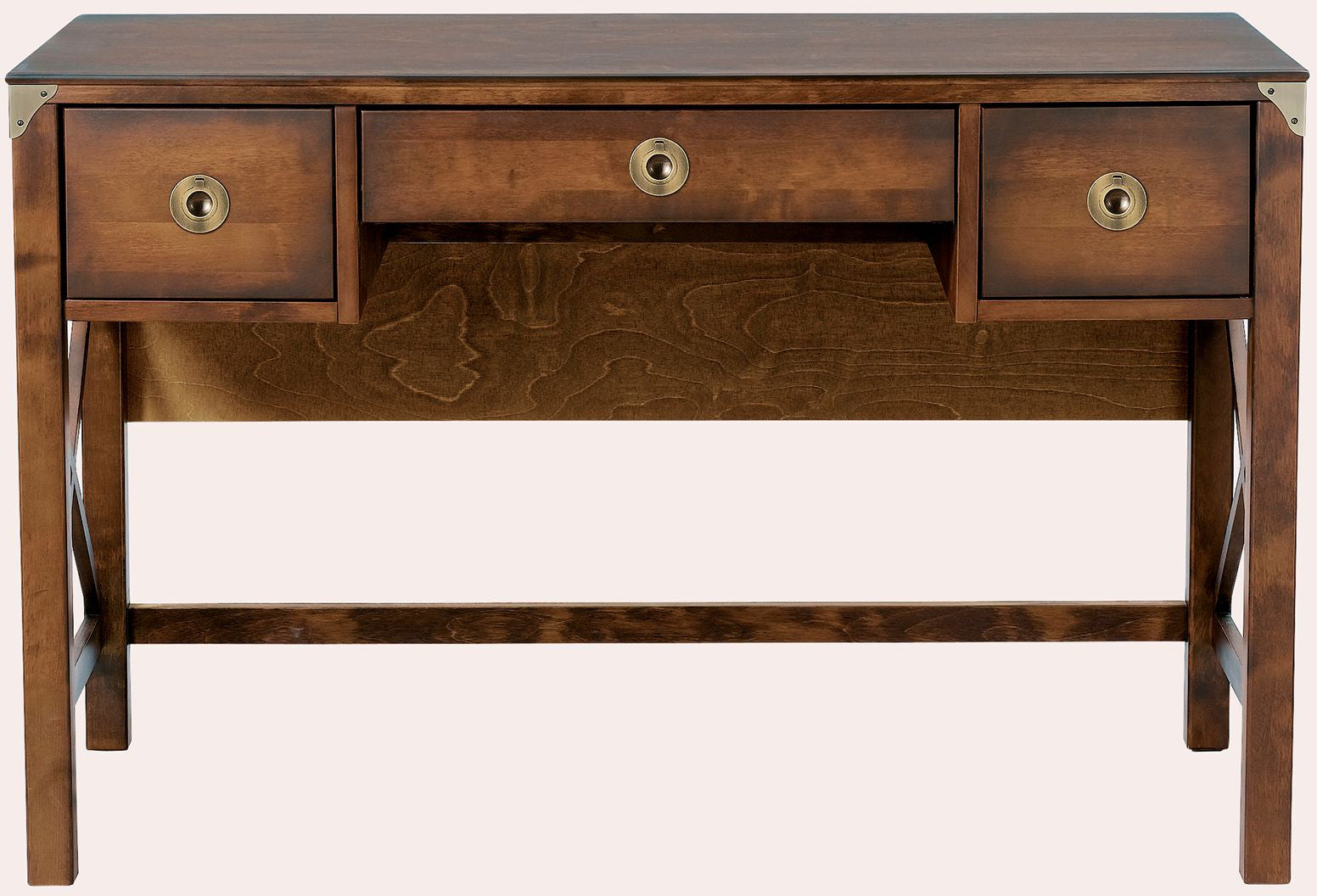 Laura Ashley Balmoral 3 Drawer Desk in deep Chestnut coloured birch wood with 2 side drawers and a pull out keyboard tray in the centre