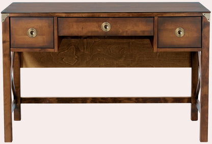 Laura Ashley Balmoral 3 Drawer Desk in deep Chestnut coloured birch wood with 2 side drawers and a pull out keyboard tray in the centre