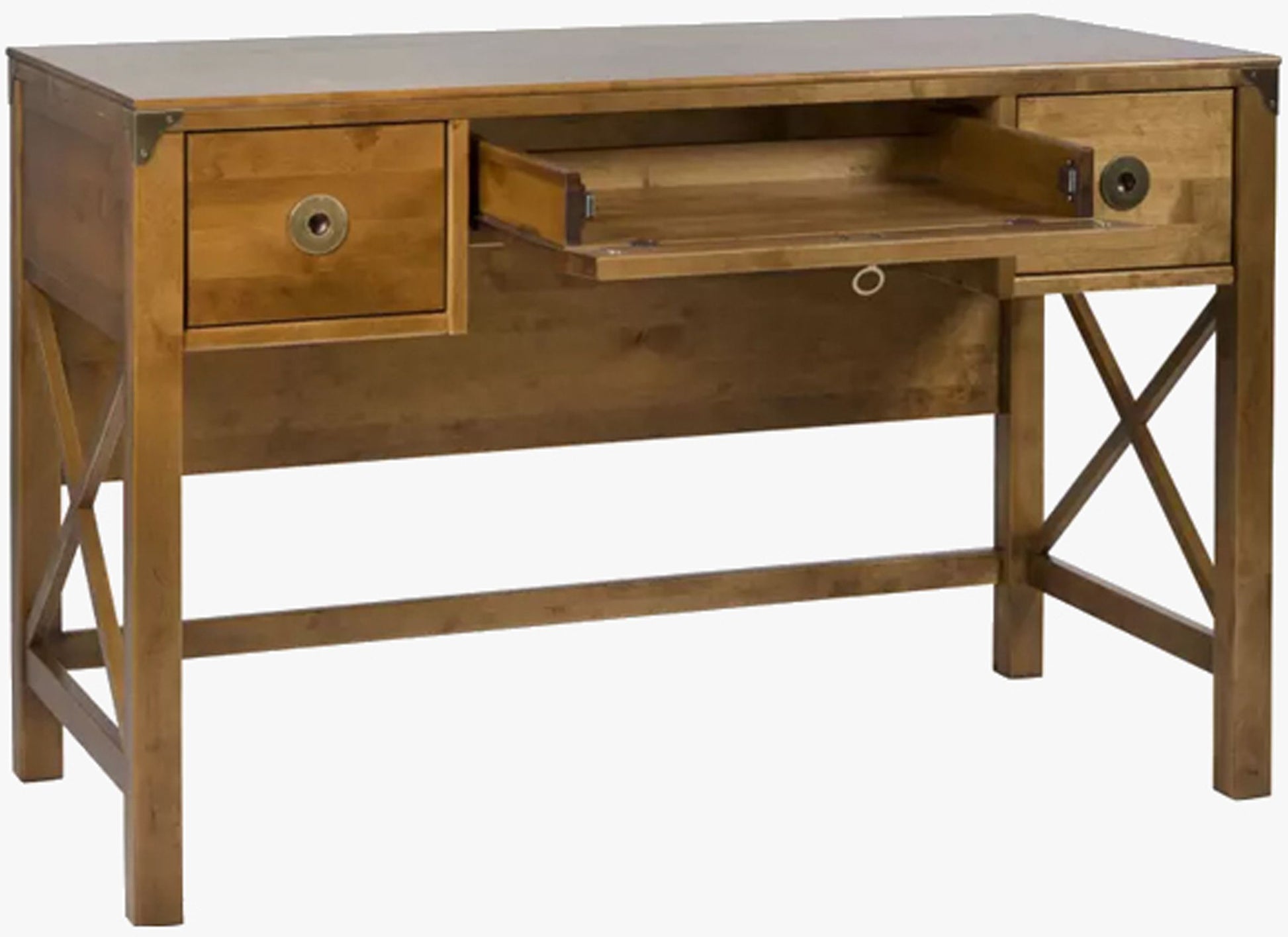 Laura Ashley Balmoral wooden desk with warm honey coloured finish featuring two drawers, a pull-out keyboard tray, cross-frame side detailing and classic brass hardware.