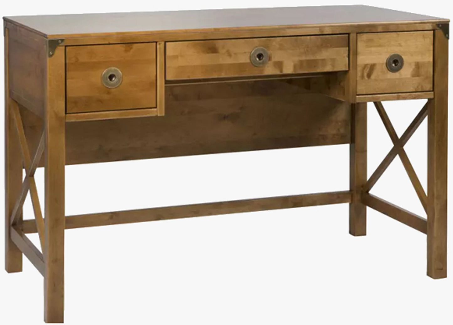 Laura Ashley Balmoral 3 Drawer Desk in Honey features cross frame side details, 2 small side drawers and 1 pull out keyboard tray in the centre with brass handles and corner brackets