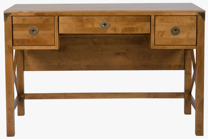 Laura Ashley Balmoral 3 drawer desk with warm honey coloured finish featuring two drawers, a centre pull-out keyboard tray, cross-frame side detailing and classic brass hardware.