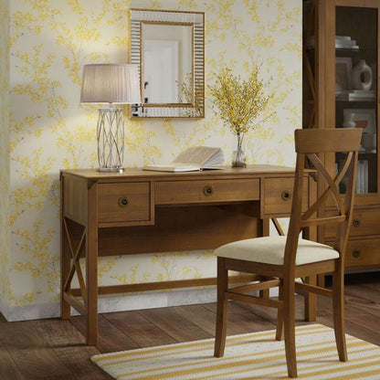 Laura Ashley Balmoral 3 Drawer Desk in Honey coloured birch wood with 2 side drawers and a pull out keyboard try in the centre, cross frame detailing on the side and brass hardware