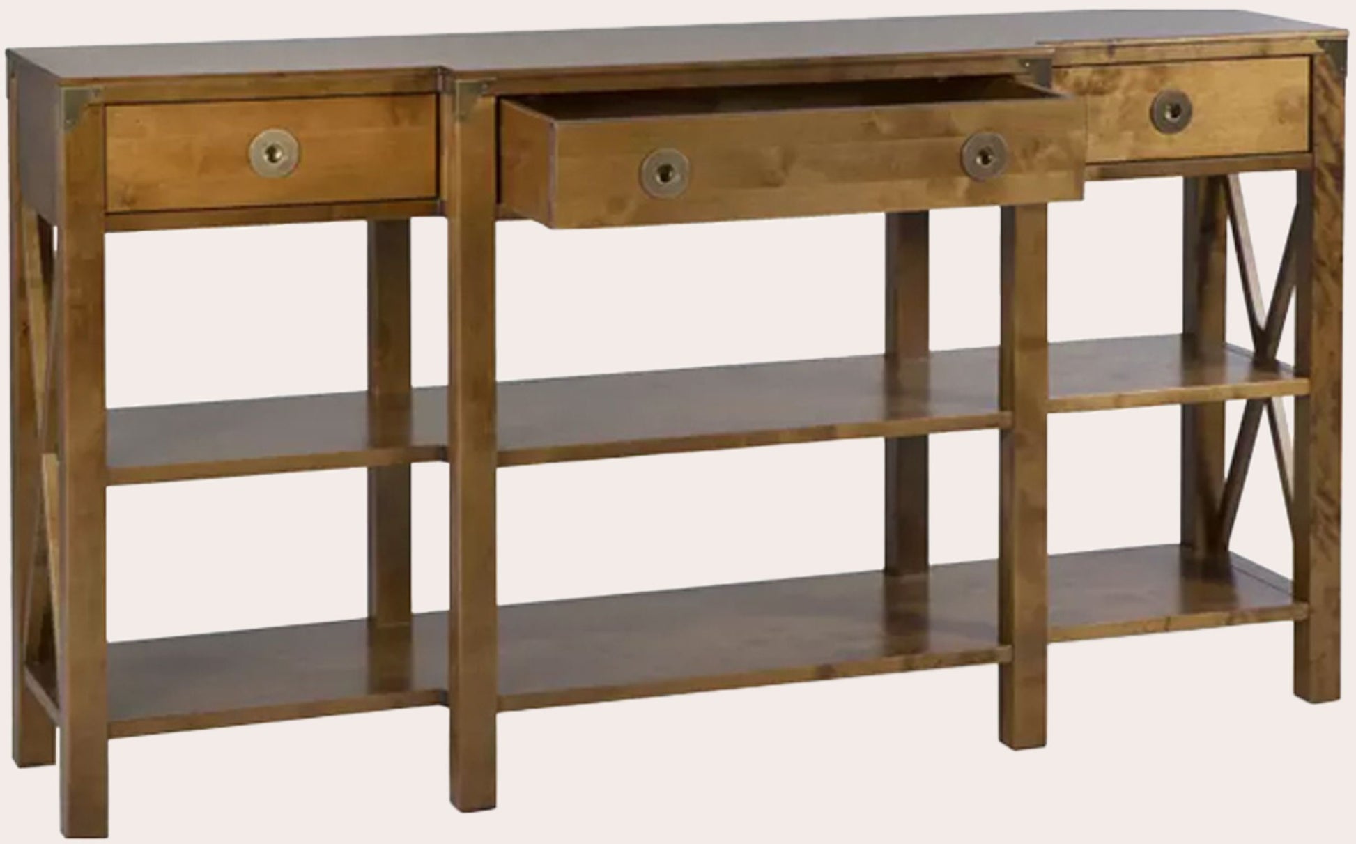 Laura Ashley Balmoral 3 Drawer Triple Console Table in Honey birch wood with 3 drawers and 2 large shelving areas alongside cross-frame side detailing