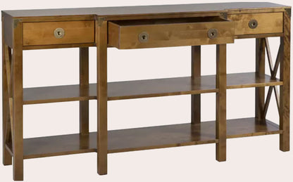 Laura Ashley Balmoral 3 Drawer Triple Console Table in Honey birch wood with 3 drawers and 2 large shelving areas alongside cross-frame side detailing