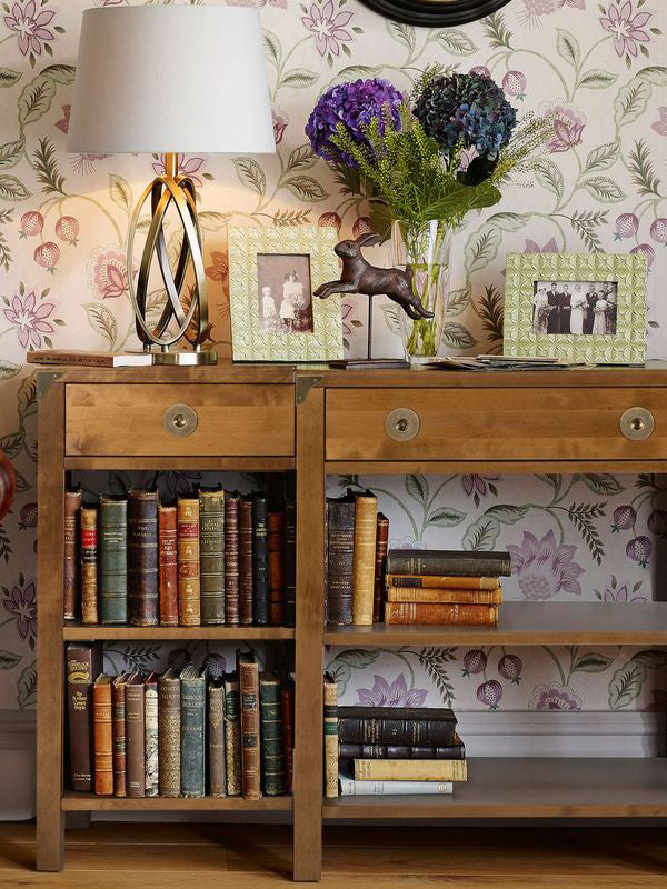 Laura Ashley Balmoral 3 Drawer Triple Console Table in Honey birch wood with brass effect hardware, storage drawers and shelving