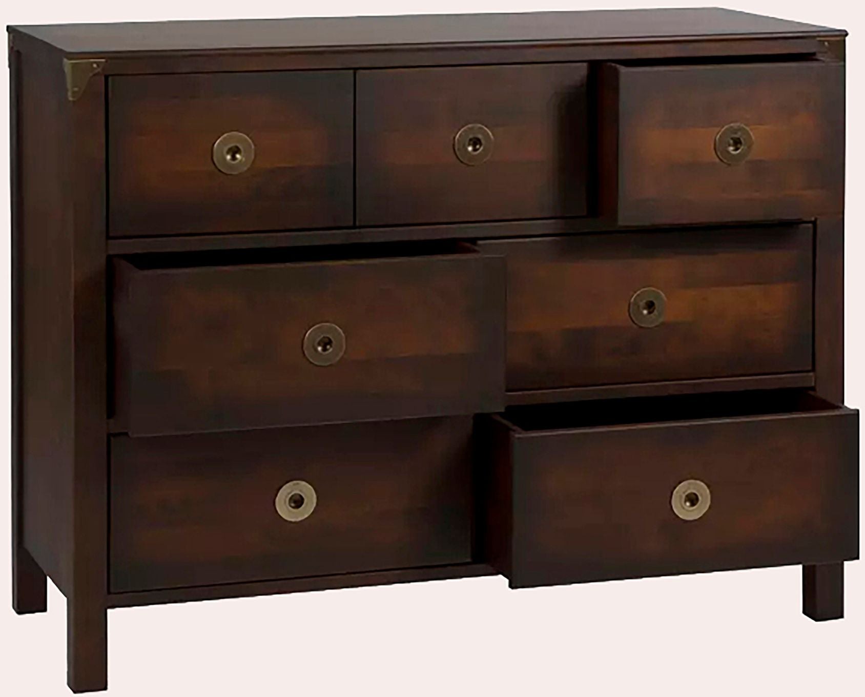 Laura Ashley Balmoral 3 over 4 Drawer Chest in Chestnut coloured birch wood with 7 spacious drawers, antique brass effect handles and corner brackets