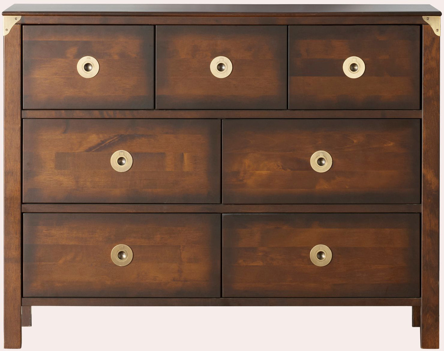 Laura Ashley Balmoral 3 over 4 Drawer Chest in a deep Chestnut coloured birch wood with brass effect handles and corner bracket detailing