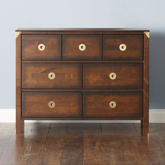 Laura Ashley Balmoral 3 over 4 Drawer Chest in Chestnut features 7 spacious drawers with brass handles, and brass corner brackets to the frame