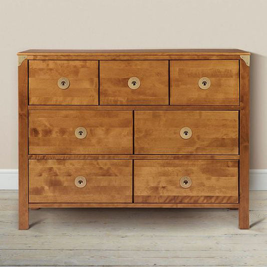 Laura Ashley Balmoral 3 over 4 Drawer Chest in Honey coloured birch wood features 7 spacious drawers with beautiful brass effect handles and corner bracket details to the frame