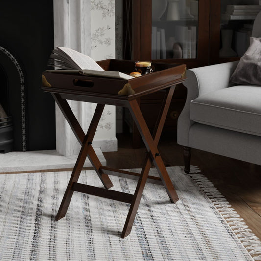 Laura Ashley Balmoral folding butler’s tray table in deep chestnut coloured birch wood with raised edge tray, brass hardware accents and classic cross-frame base.