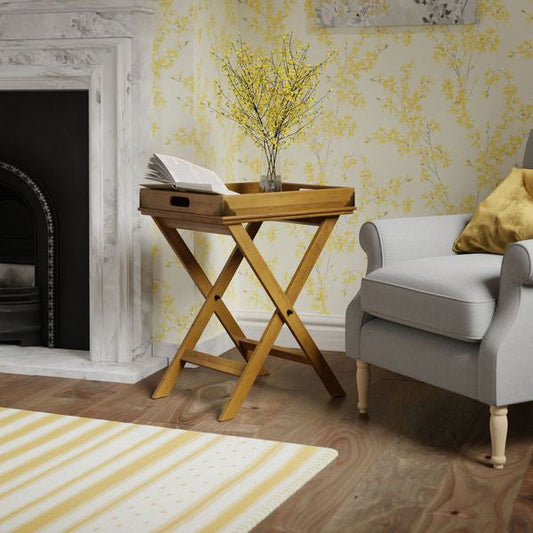 Laura Ashley Balmoral Butlers Tray in Honey birch wood featuring removable serving tray, cut-out handles, brass corner details and folding cross-leg stand.