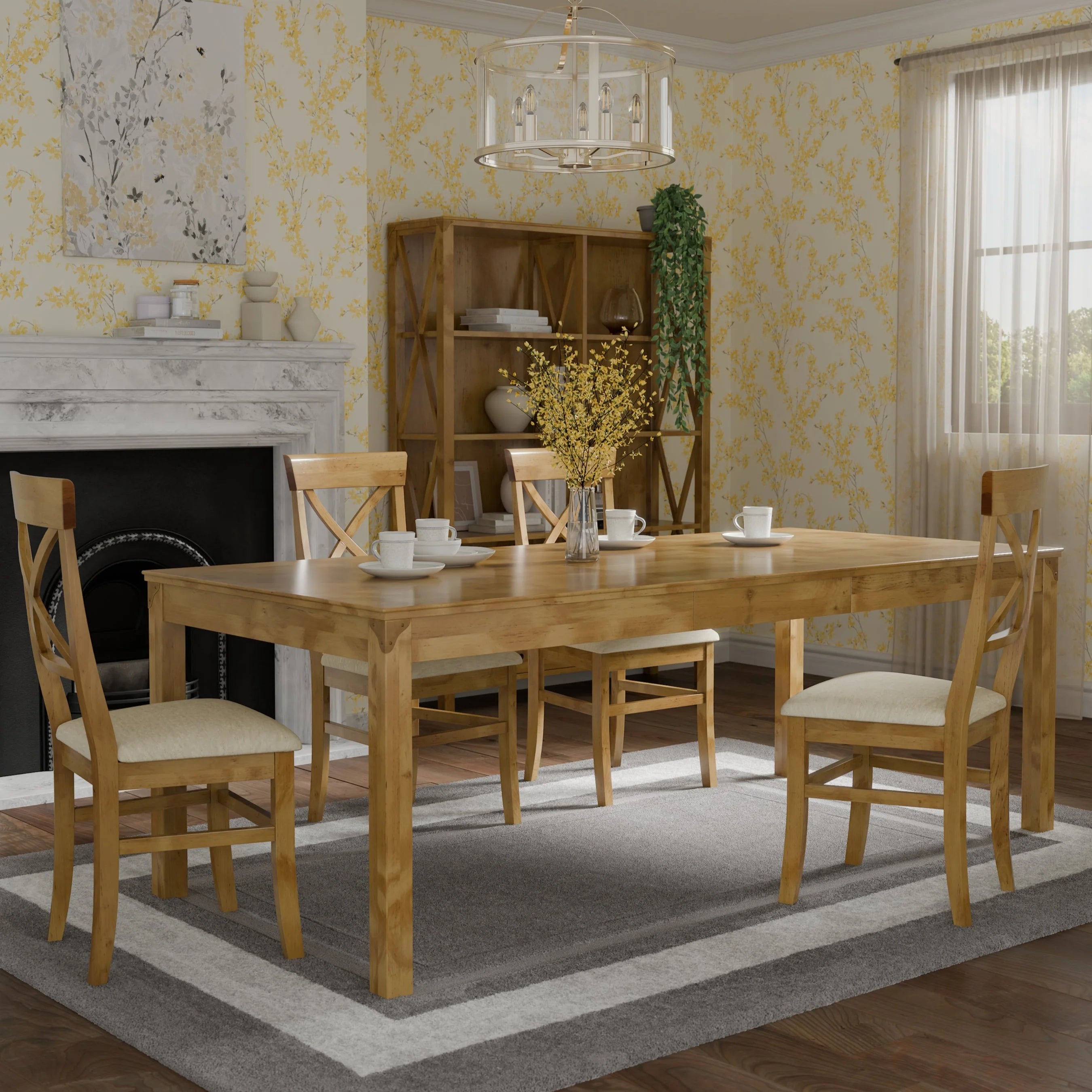 Laura Ashley Balmoral Extending Dining Table in Honey, can seat 6-8 people and features a classic design with brass accents against the beautiful honey birch wood 