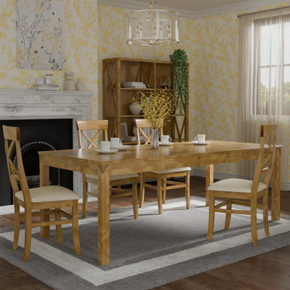 Laura Ashley Balmoral Extending Dining Table in Honey, can seat 6-8 people and features a classic design with brass accents against the beautiful honey birch wood 