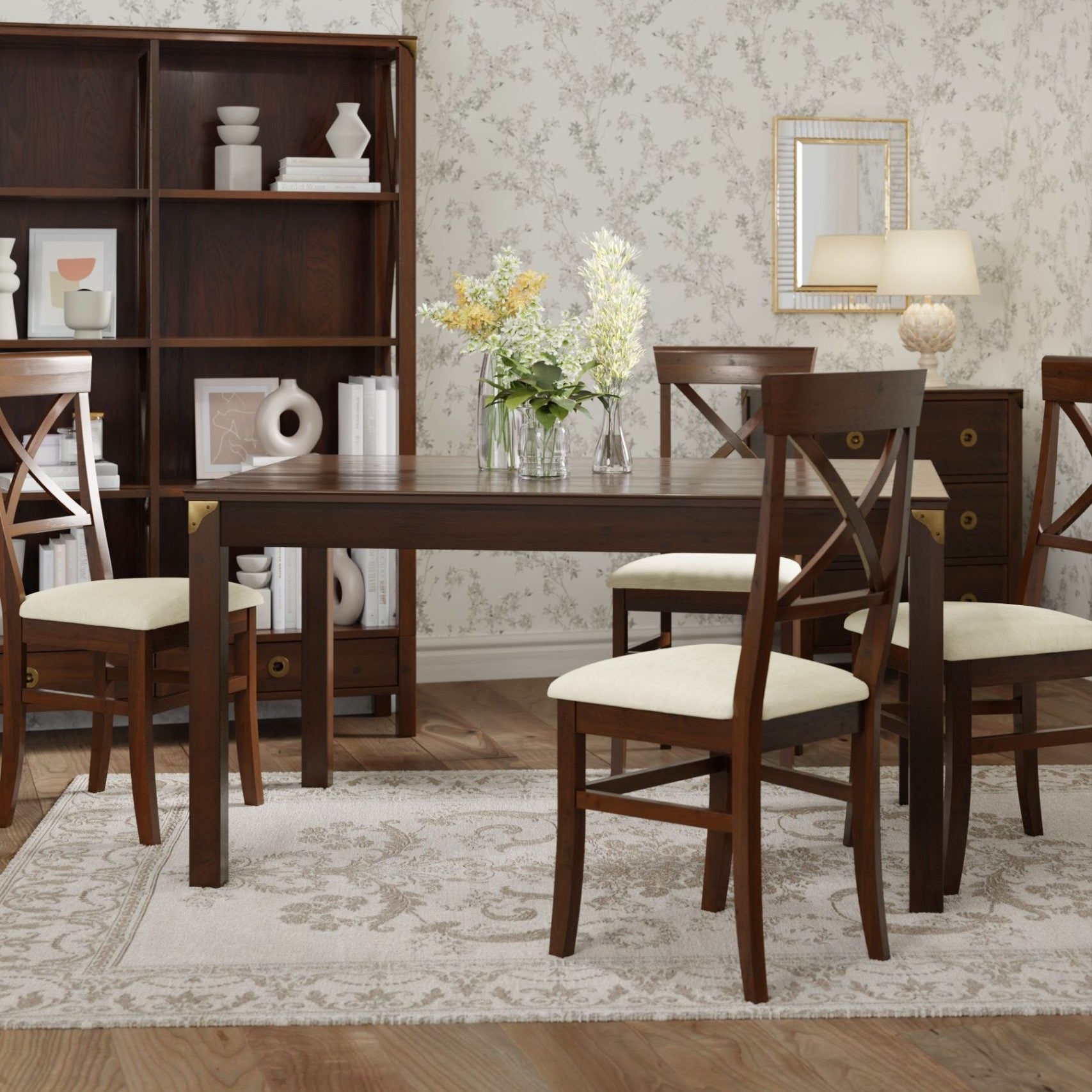 Laura Ashley Balmoral Fixed Dining Table in a deep Chestnut coloured solid birch wood with antique brass effect corner brackets, square legs and rectangular table top, seats 4-6 people