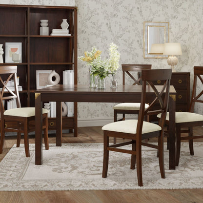 Laura Ashley Balmoral Fixed Dining Table in a deep Chestnut coloured solid birch wood with antique brass effect corner brackets, square legs and rectangular table top, seats 4-6 people