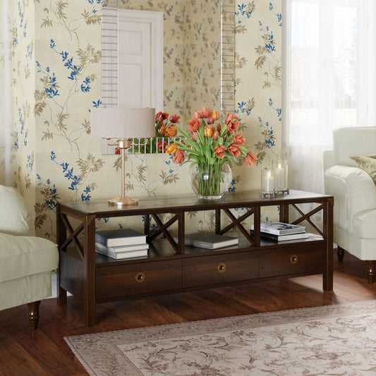 Laura Ashley Balmoral Wide TV Unit in Chestnut features 3 storage drawers with brass handles and open shelving above, with cross frame side detailing and brass corner brackets to the frame