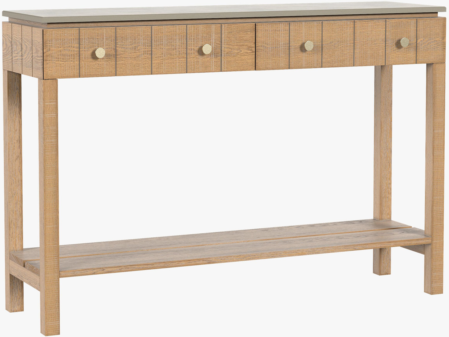 Laura Ashley Braystone console table with 2 drawers crafted from solid oak with a distressed white-washed finish, in rustic contemporary style, the top is made from grey stone