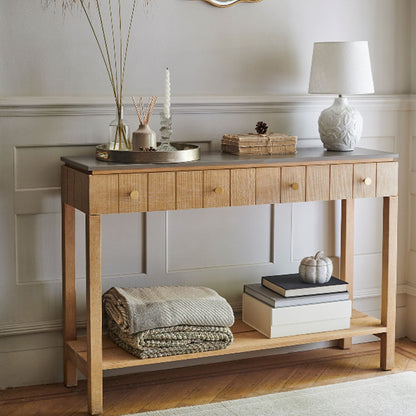 Laura Ashley Braystone console table with 2 drawers in solid oak with white washed distressed finish and a grey stone top