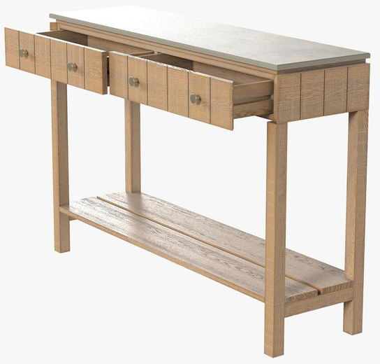 Laura Ashley Braystone 2 Drawer Console Table made from solid oak with a white washed finish, with grey stone top