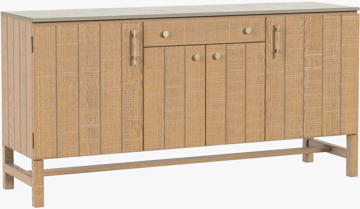 Laura Ashley Braystone 4 door 1 drawer sideboard crafted from solid oak with distressed white-washed finish, grey stone top, in a rustic contemporary style