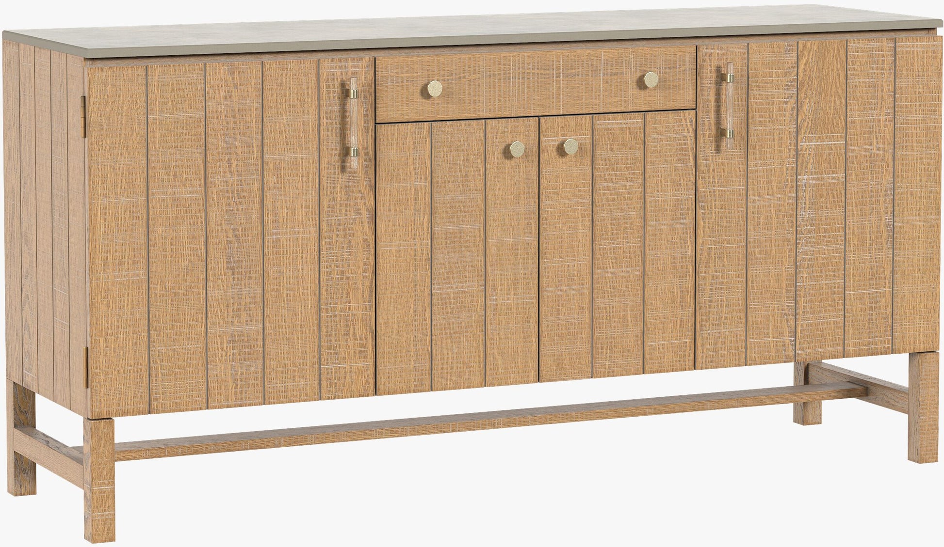 Laura Ashley Braystone 4 door 1 drawer sideboard crafted from solid oak with distressed white-washed finish, grey stone top, in a rustic contemporary style