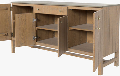Laura Ashley Braystone 4 door 1 drawer oak sideboard with light grey stone top and a white washed effect finish