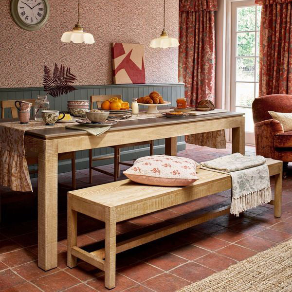 Laura Ashley Braystone 3 seater dining bench crafted from solid oak with distressed white washed finish, designed to pair with Braystone dining table