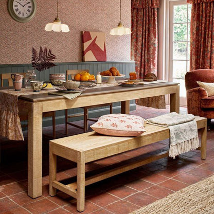 Laura Ashley Braystone 3 seater dining bench crafted from solid oak with distressed white washed finish, designed to pair with Braystone dining table