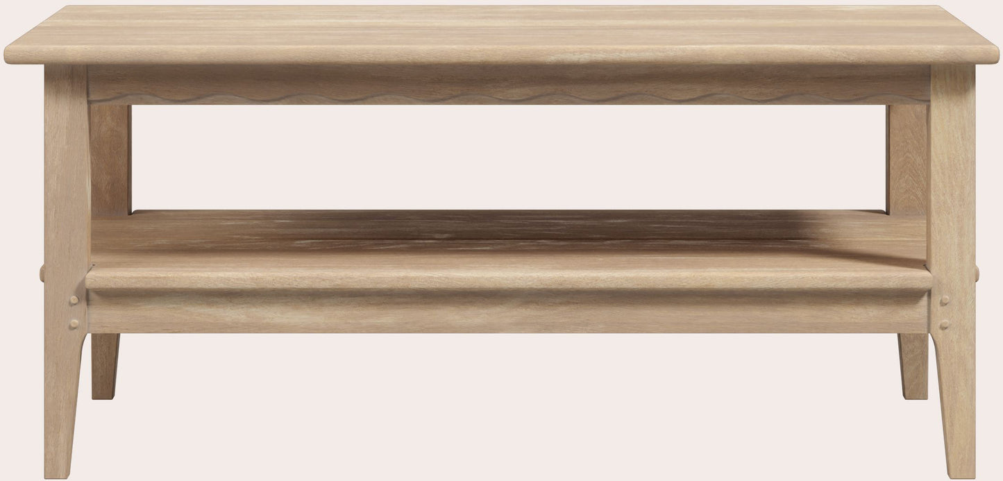 Laura Ashley Calford coffee table in white-washed solid oak with scallop edge detailing and fixed lower shelf