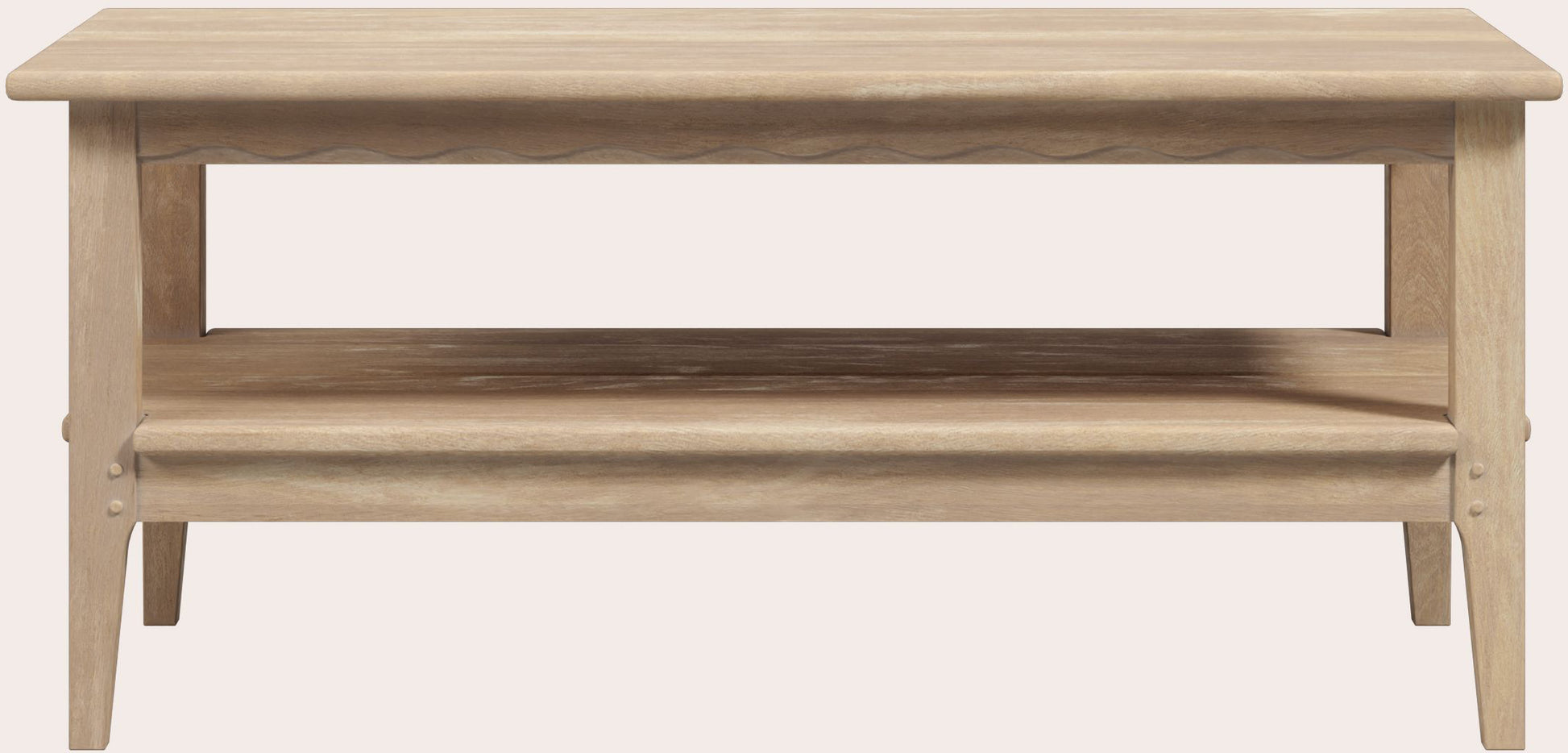 Laura Ashley Calford coffee table in white-washed solid oak with scallop edge detailing and fixed lower shelf