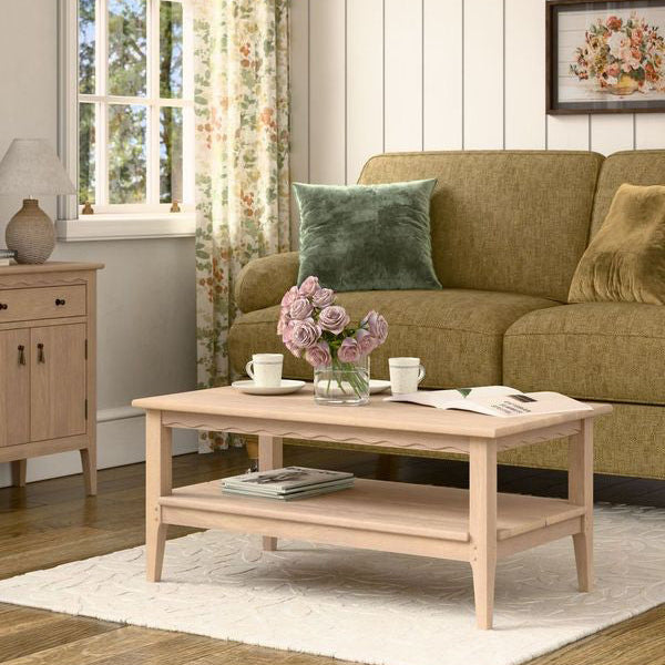 Laura Ashley Calford coffee table in solid oak with white-washed finish, scalloped edge detailing and fixed lower shelf, Shaker-inspired design