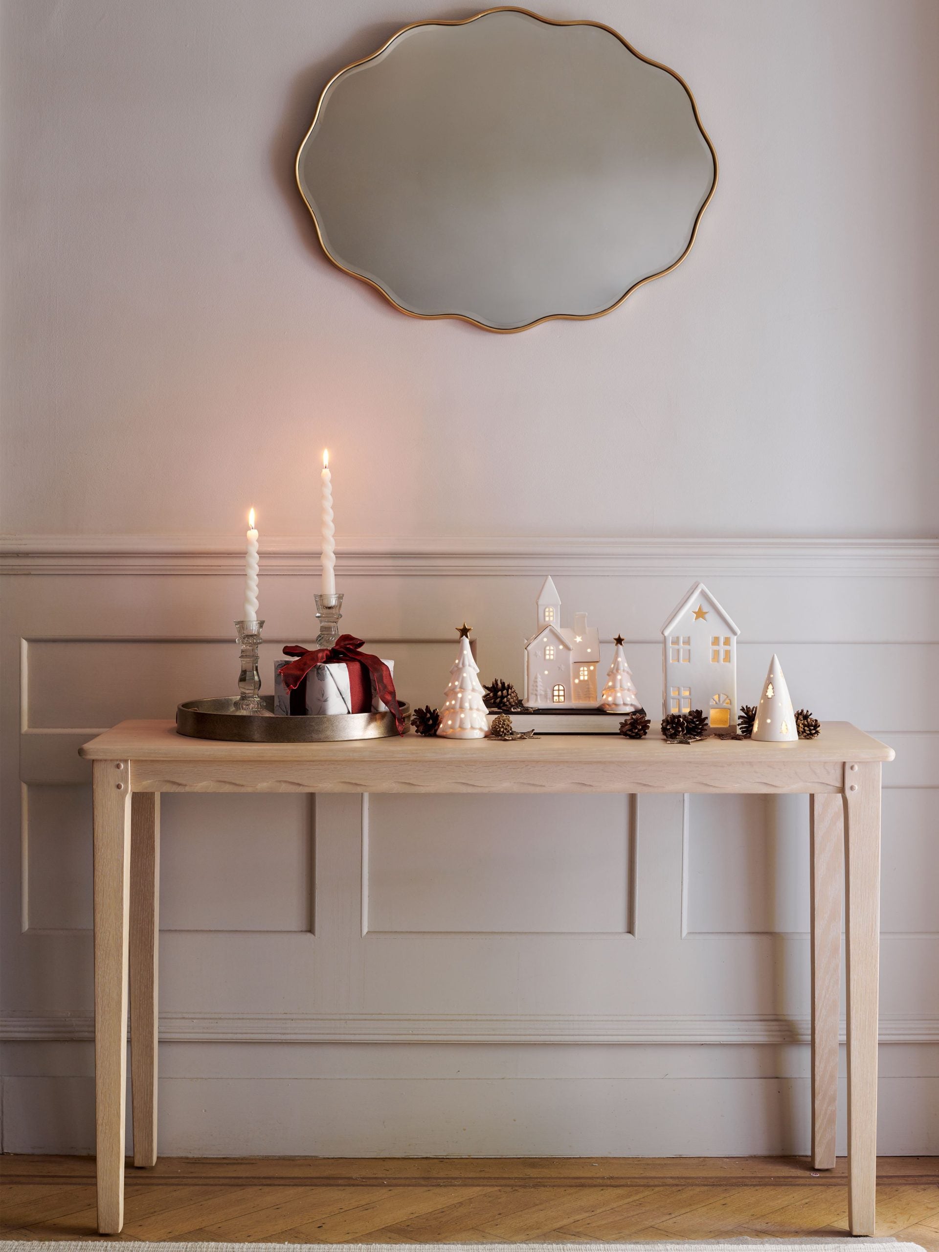 Laura Ashley Calford desk or console table in white-washed oak with Shaker design and scalloped edge detailing