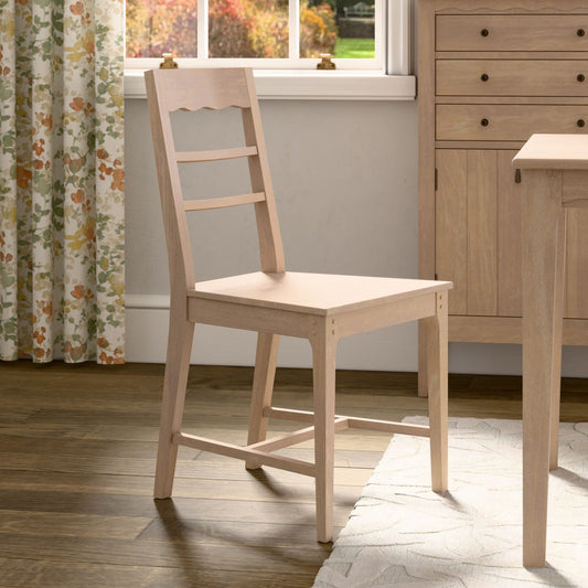 Laura Ashley Calford pair of shaker-style dining chairs crafted from solid oak with white-washed finish and scalloped edge detailing, rustic modern design