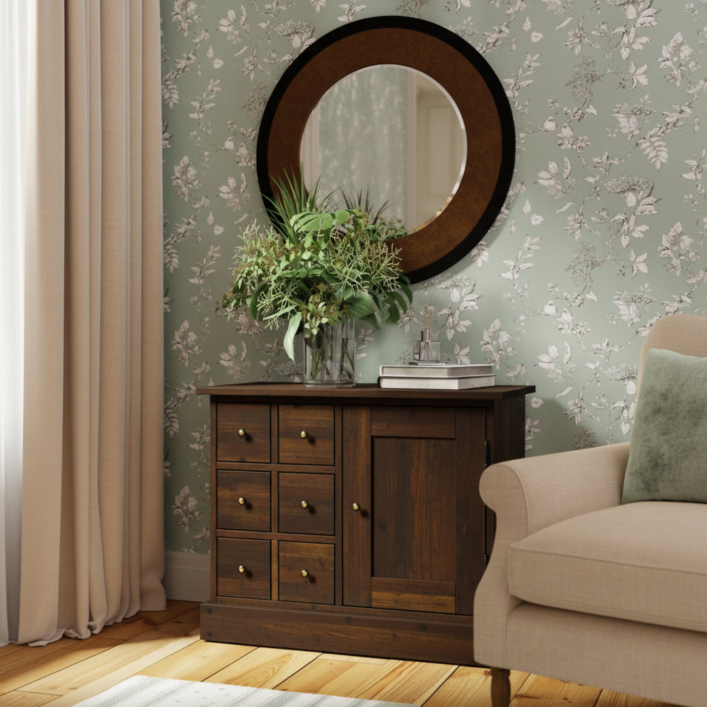 Laura Ashley Garrat Sideboard crafted from birch wood with chestnut finish has 6 drawers and 1 cabinet door with metal handles