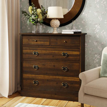 Laura Ashley Garrat Chestnut 2+3 Drawer Chest features 2 top drawers with brushed metal knobs and 3 larger drawers with metal drop handles.