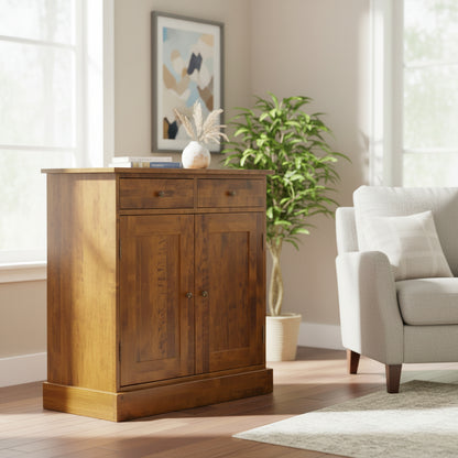 Laura Ashley Garrat Chestnut 2 Door 2 Drawer Narrow Sideboard features 2 top drawers and 2 cabinet doors with internal shelves, and metal door and drawer knobs