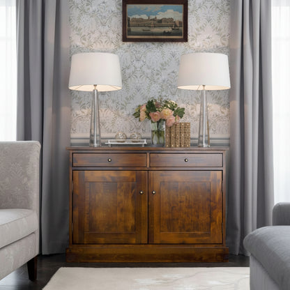Laura Ashley Garrat 2 Door 2 Drawer Sideboard with internal shelf storage space, in a solid birch wood with chestnut finish and brushed metal handles
