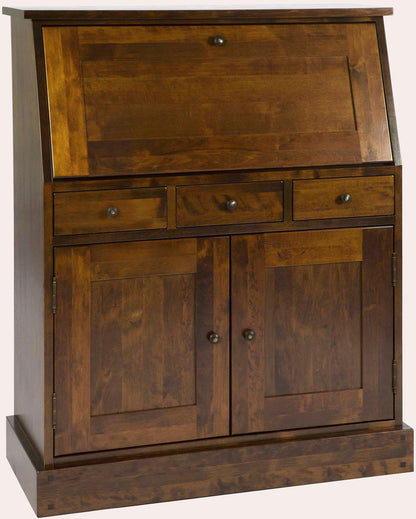 A traditional writing desk with storage cupboards, drawers and pull-down desk top in a chestnut finish with brushed metal knobs