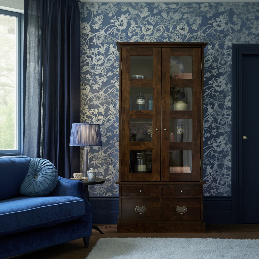Laura Ashley Garrat Chestnut 2 Door 4 Drawer Display Unit features glass panelled doors and 4 internal cabinet shelves, plus 4 lower storage drawers with metal handles