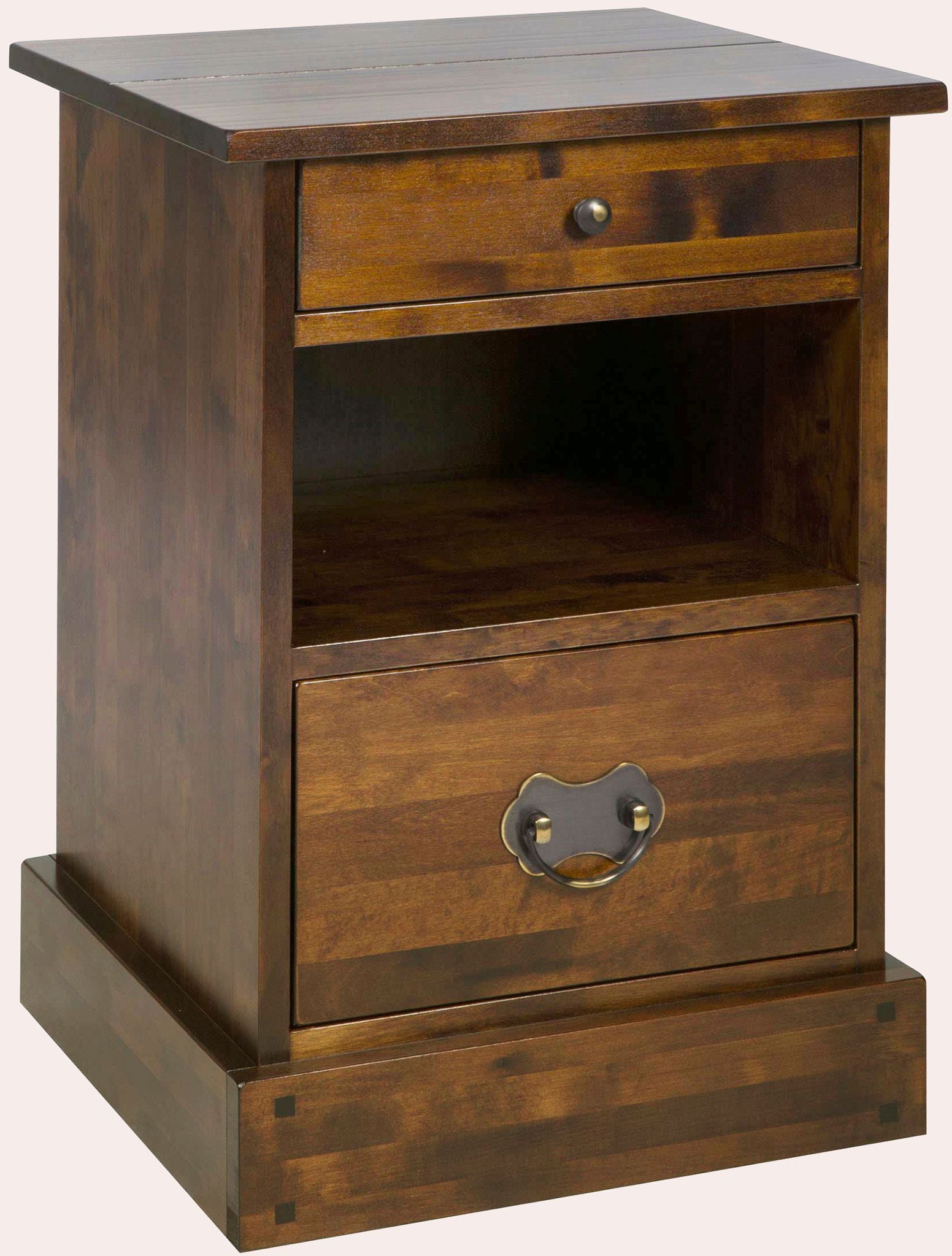 Laura Ashley Garrat Side Table features 2 drawers with shelf space in the middle, and metal drawers handles