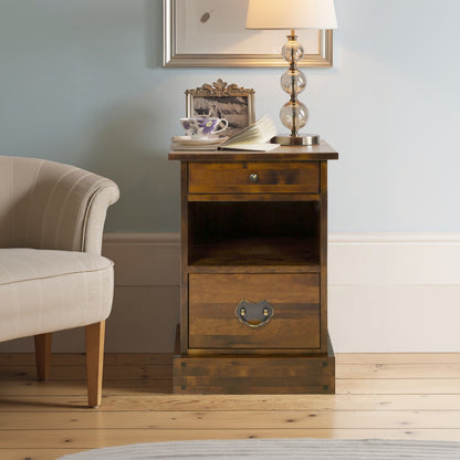 Laura Ashley Garrat Chestnut 2 Drawer Side Table features top and bottom drawers with shelving space in the middle