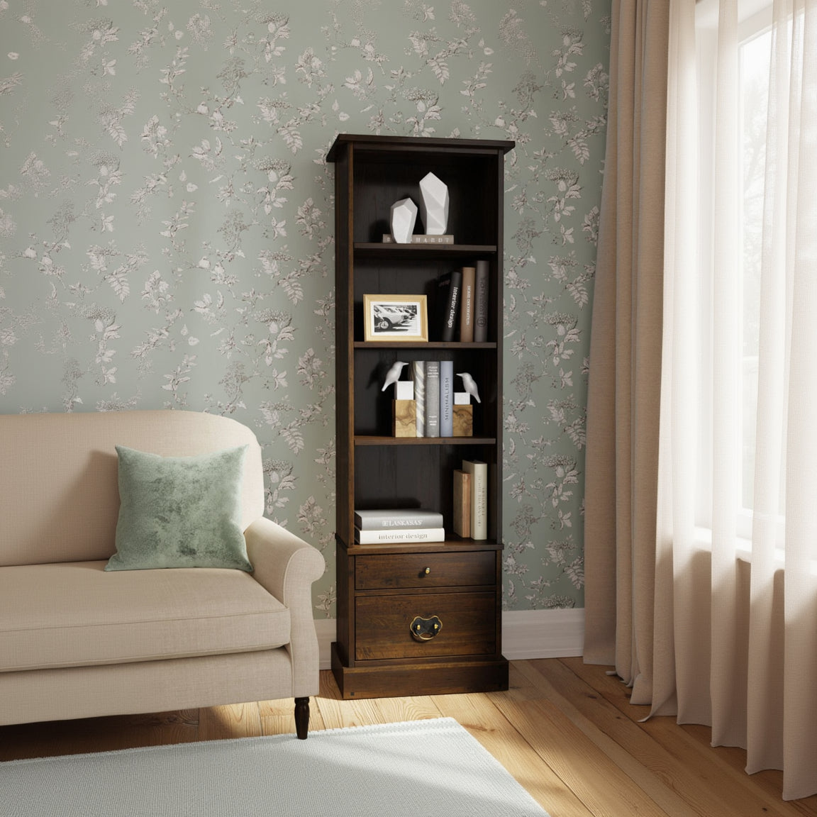 Laura Ashley 2 Drawer Single Bookcase from the Garrat collection features 4 shelves and 2 bottom drawers with metal handles in a chestnut colour finish