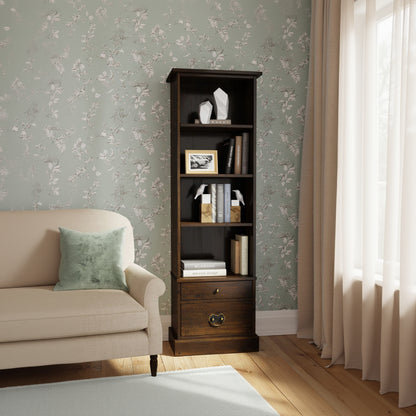 Laura Ashley 2 Drawer Single Bookcase from the Garrat collection features 4 shelves and 2 bottom drawers with metal handles in a chestnut colour finish