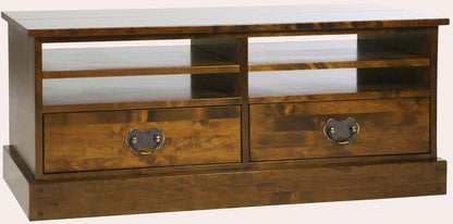 Laura Ashley 2 Drawer TV cabinet from the Garrat collection crafted from solid birch wood in a chestnut finish features 2 drawers with metal drop handles and 4 open shelves