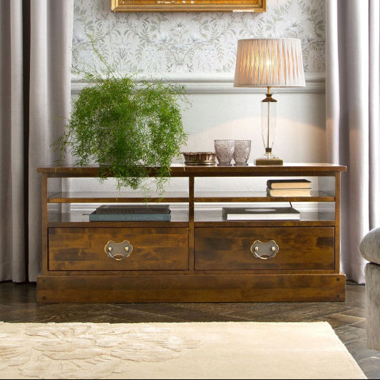 Laura Ashley Garrat 2 Drawer TV cabinet with a chestnut finish features 2 spacious bottom drawers and 4 open shelves 