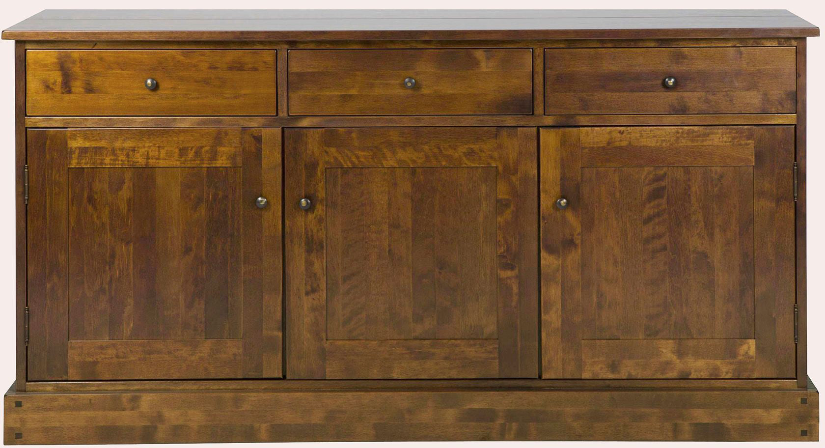 Laura Ashley Garrat large 3 door 3 drawer sideboard made from solid birch wood in a chestnut finish with brushed metal knobs
