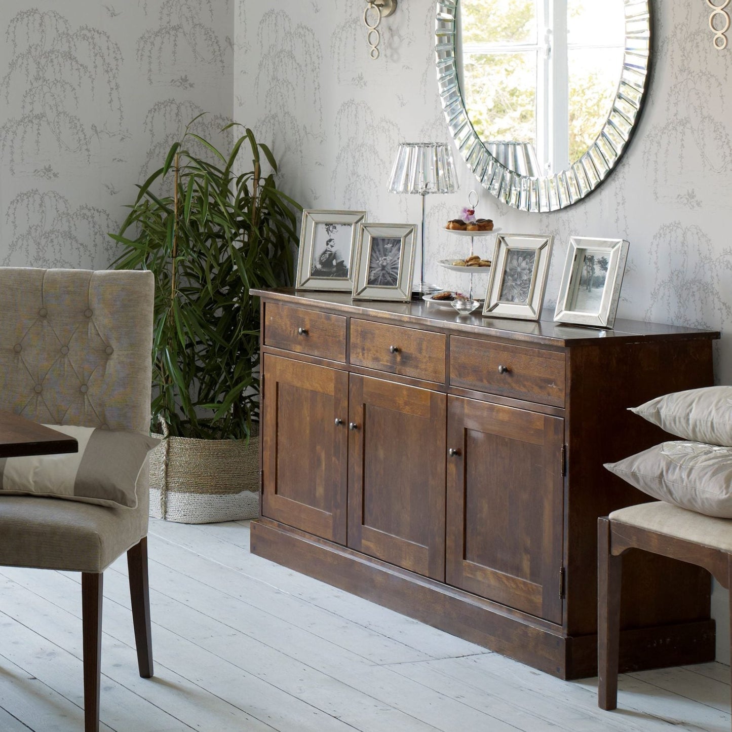 Laura Ashley large 3 door 3 drawer sideboard from the Garrat collection features chestnut colour birch wood with metal door and drawer knobs
