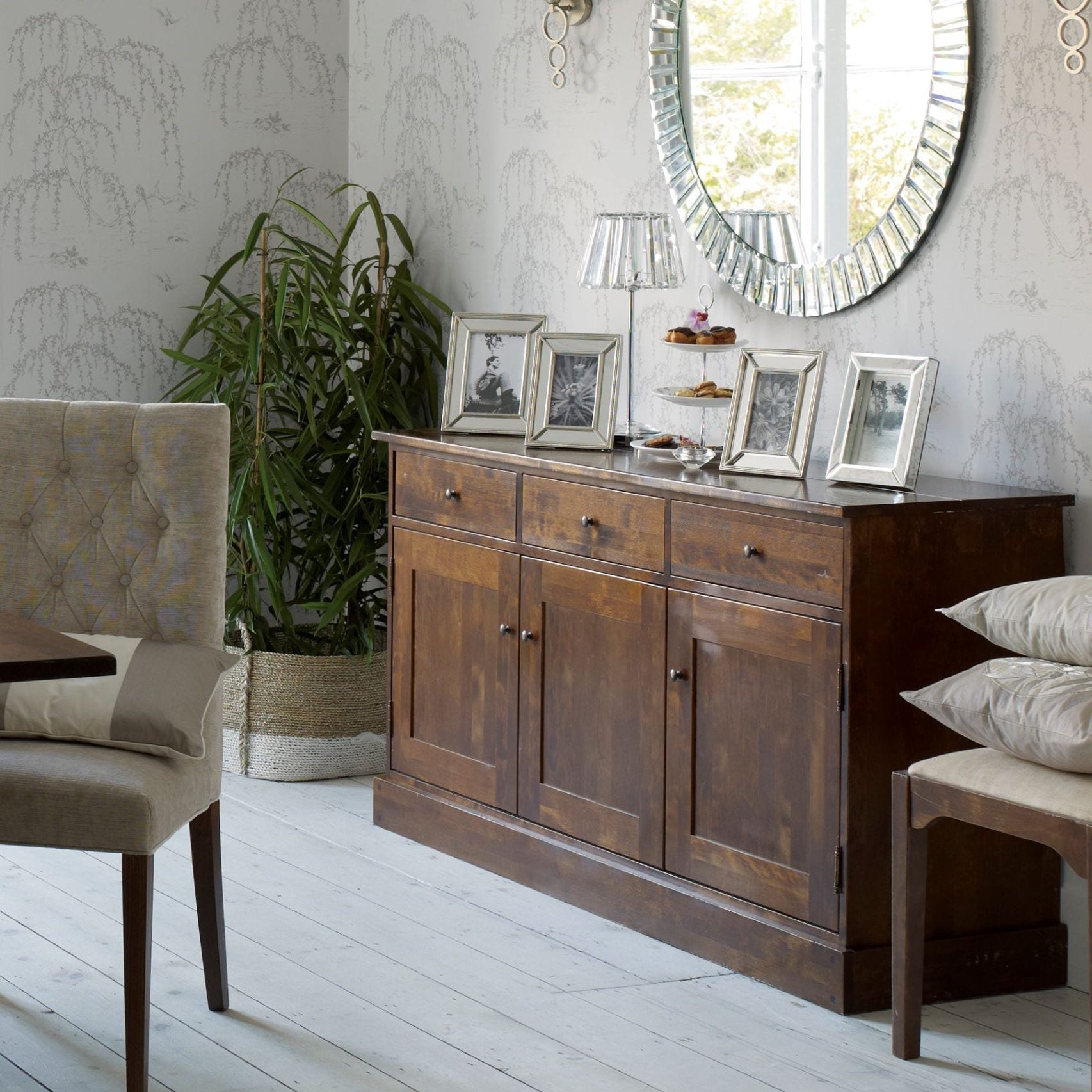 Laura Ashley large 3 door 3 drawer sideboard from the Garrat collection features chestnut colour birch wood with metal door and drawer knobs