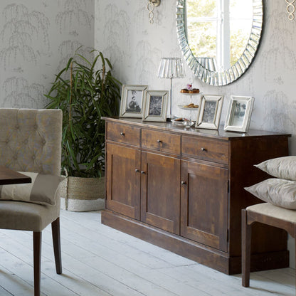 Laura Ashley large 3 door 3 drawer sideboard from the Garrat collection features chestnut colour birch wood with metal door and drawer knobs